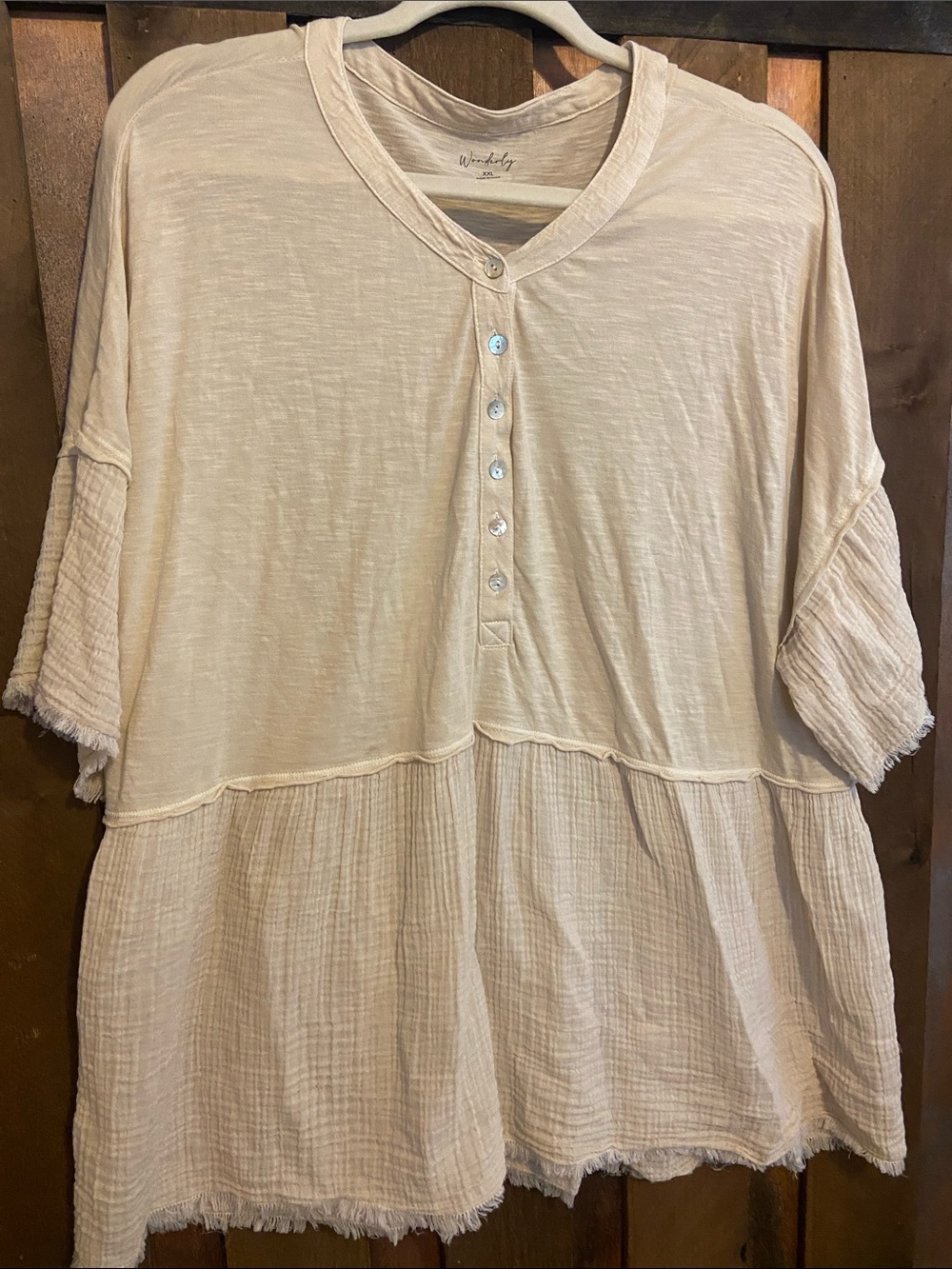 Wonderly Beige Short-Sleeve Tiered Henley Tunic - Picture 3 of 10